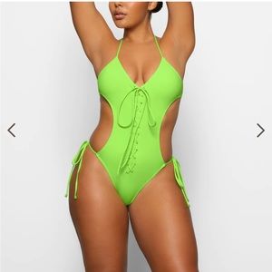 NWT SKIMS LACE UP MONOKINI SWIMSUIT ONE PIECE LARGE LIMITED EDITION NEON GREEN